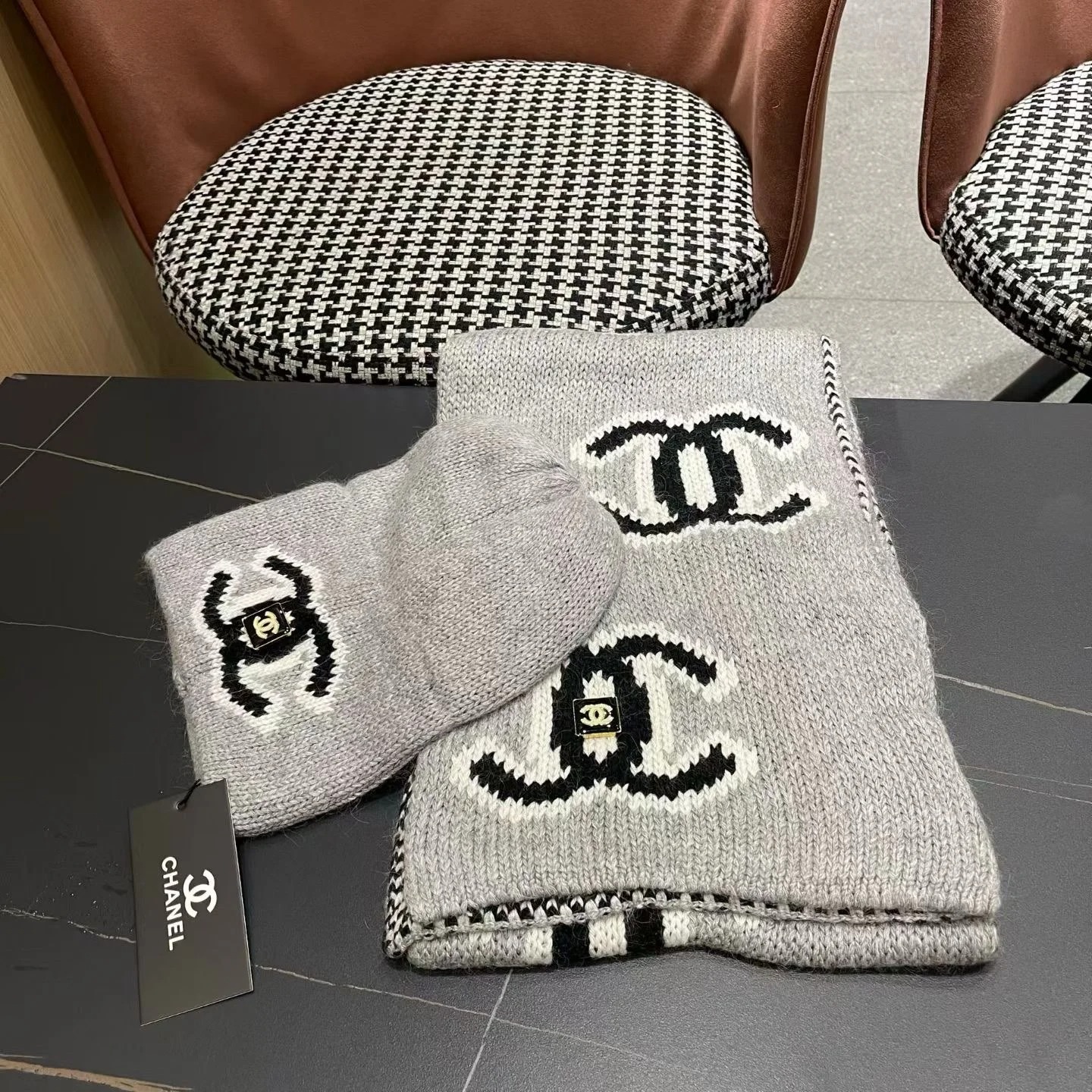 Chanel Knit Beanie & Scarf Set CC Logo Grey