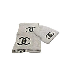 Chanel Knit Beanie & Scarf Set CC Logo Grey
