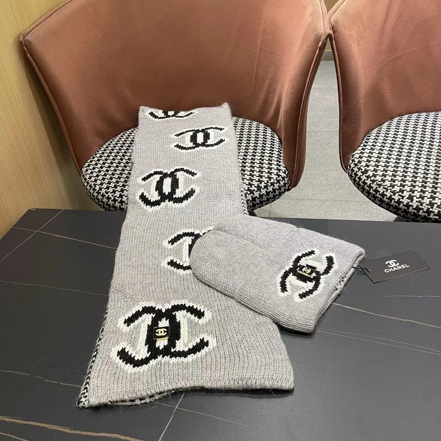 Chanel Knit Beanie & Scarf Set CC Logo Grey