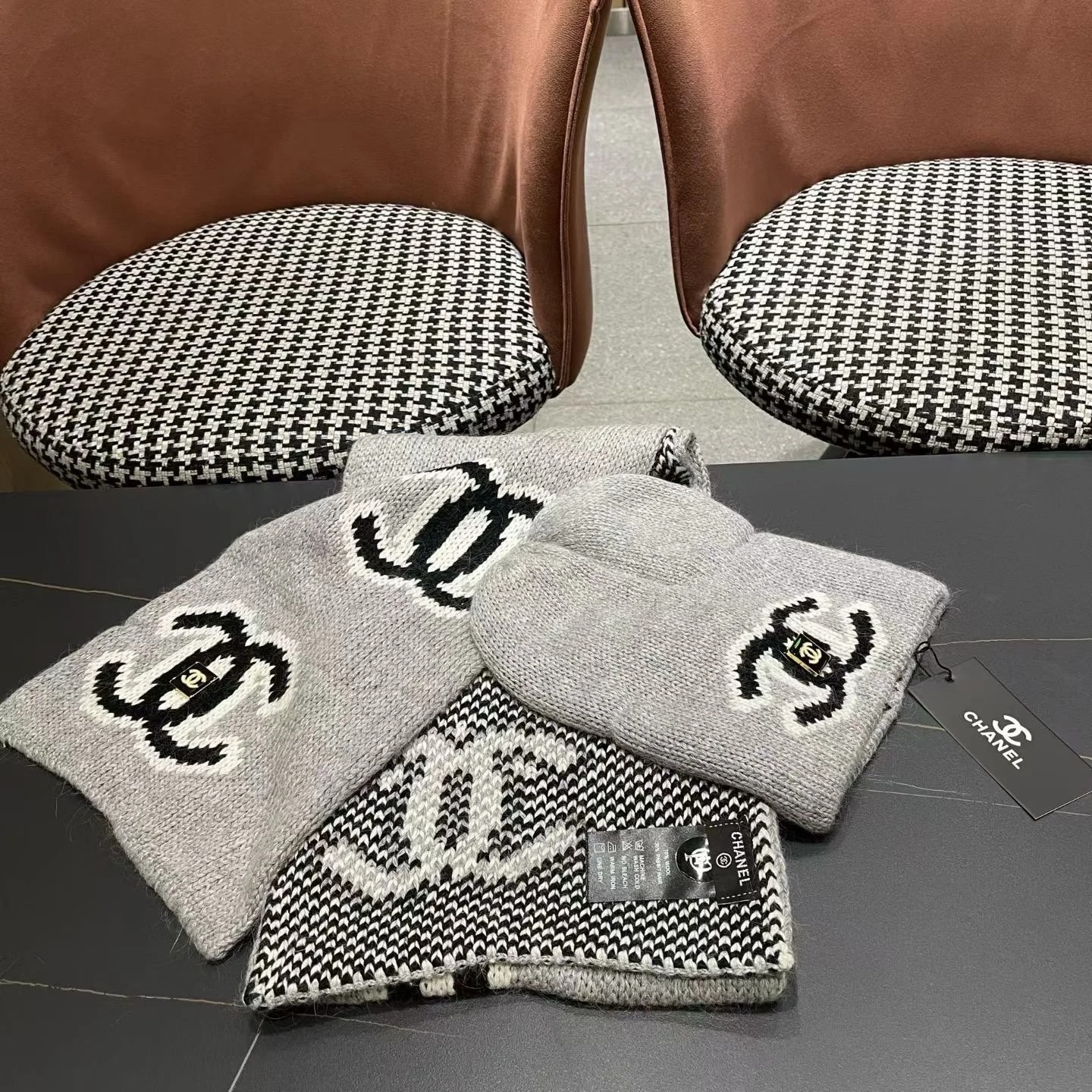 Chanel Knit Beanie & Scarf Set CC Logo Grey
