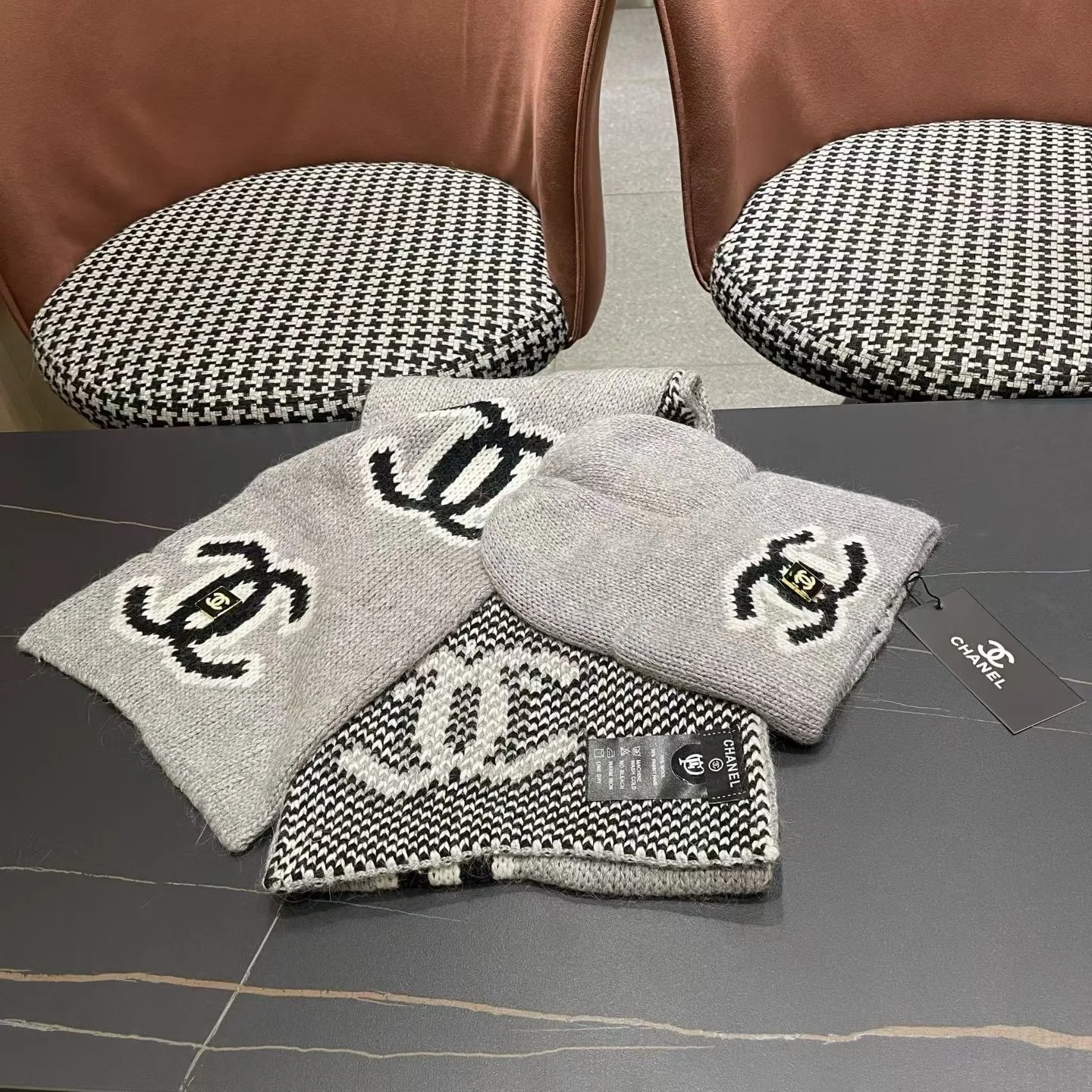 Chanel Knit Beanie & Scarf Set CC Logo Grey