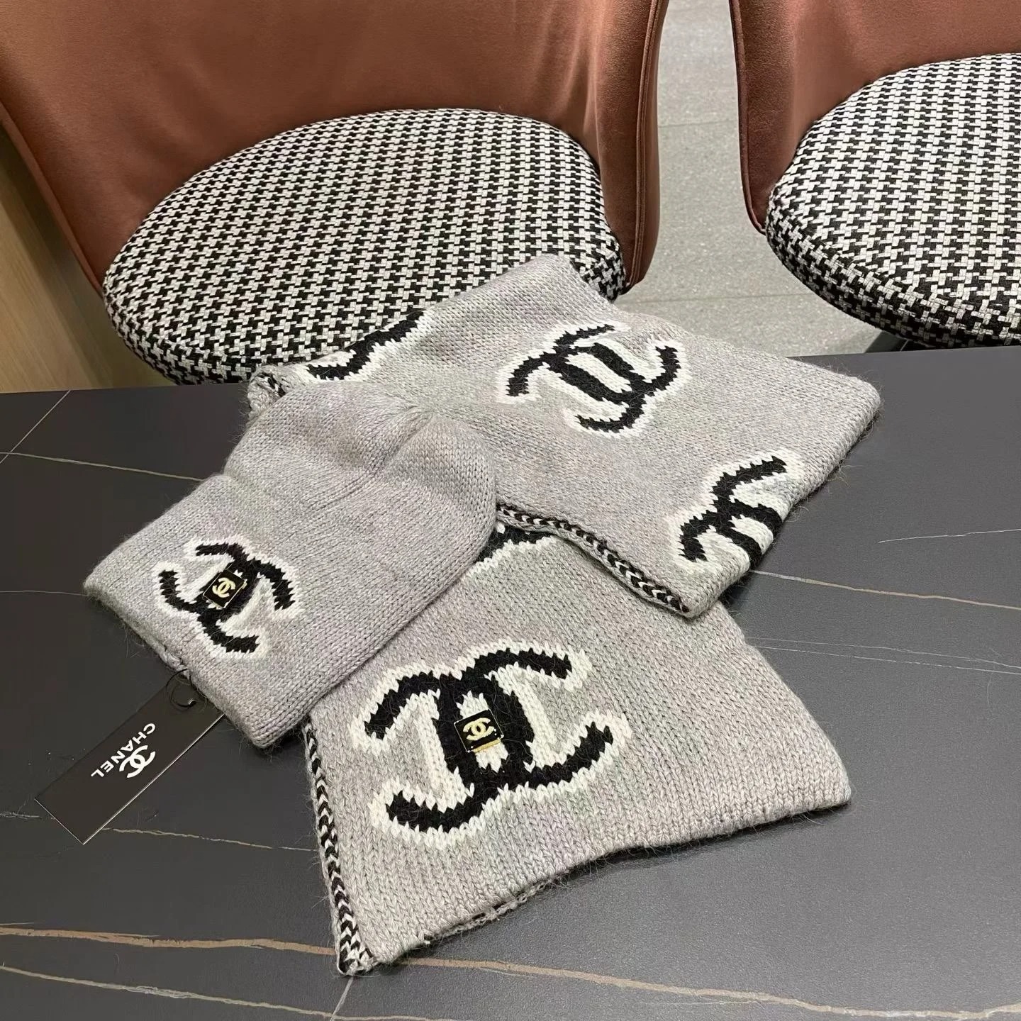 Chanel Knit Beanie & Scarf Set CC Logo Grey