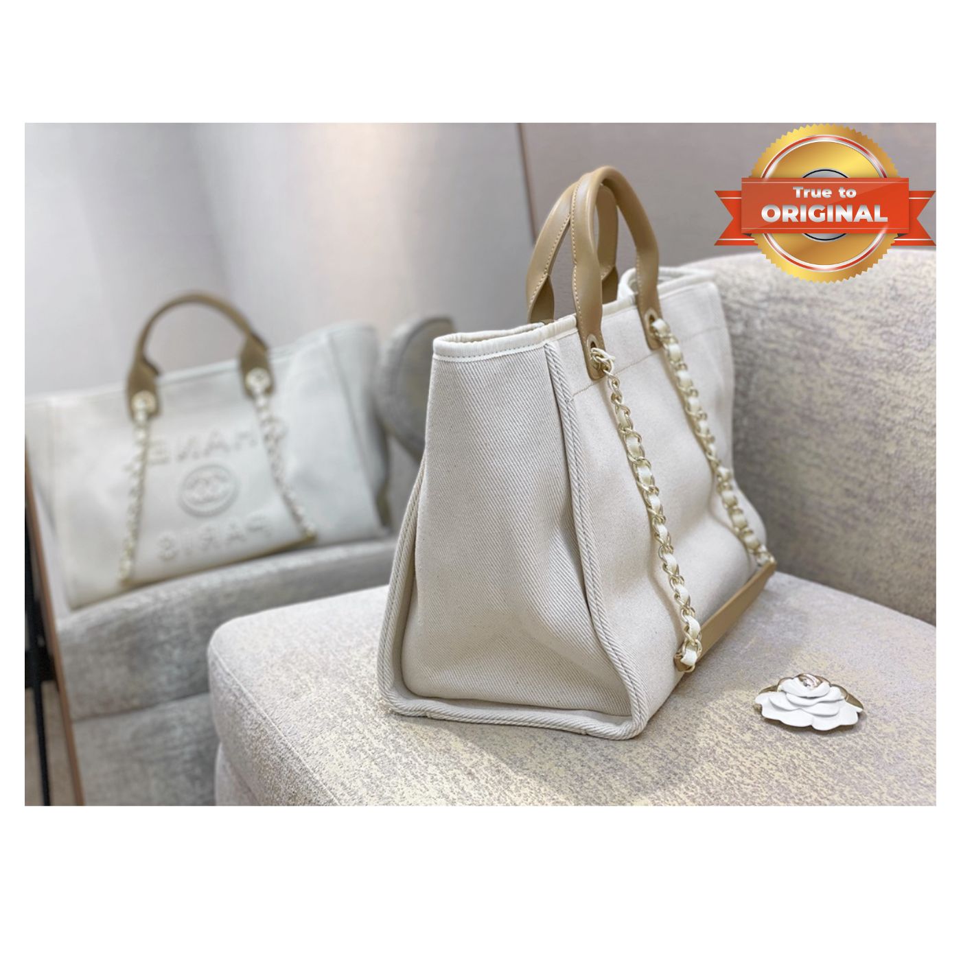 Chanel Large Deauville Pearl Tote Bag 15in/ 38cm White Gold Hardware For Women A66941