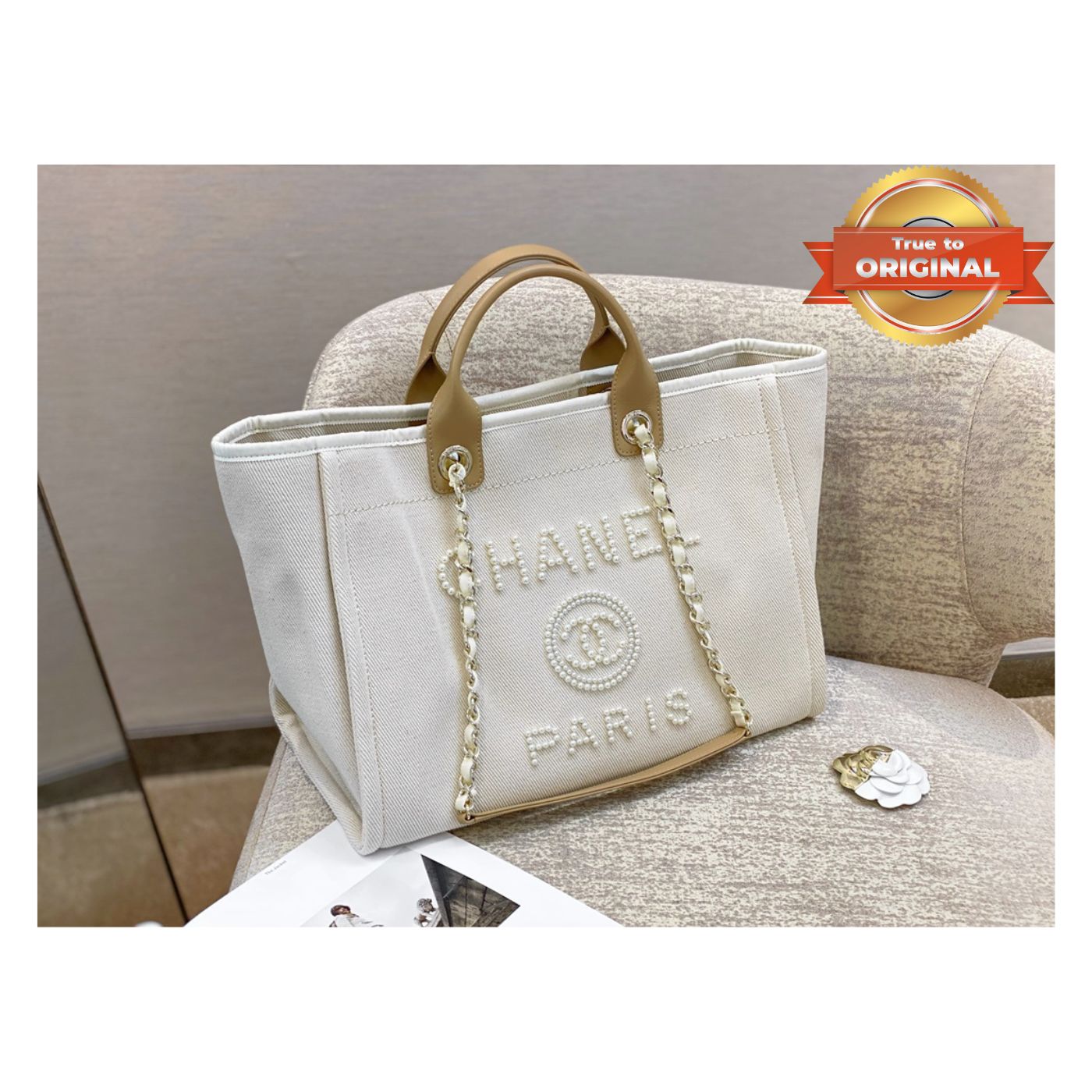 Chanel Large Deauville Pearl Tote Bag 15in/ 38cm White Gold Hardware For Women A66941