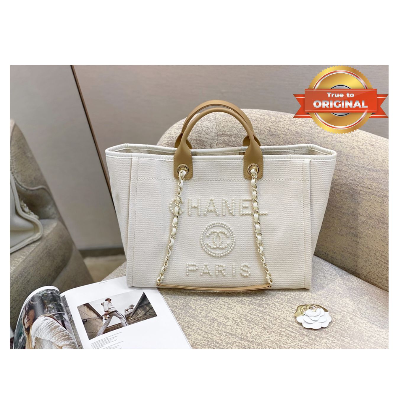 Chanel Large Deauville Pearl Tote Bag 15in/ 38cm White Gold Hardware For Women A66941
