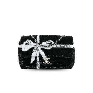 Chanel Bow Flap Mini Crossbody Bag 7.9in/ 20cm Black Sequin Silver Hardware For Women