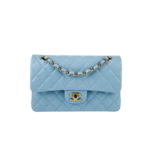 Chanel Small Classic Double Flap Crossbody Bag 9.1in/ 23cm Light Blue Gold Hardware For Women