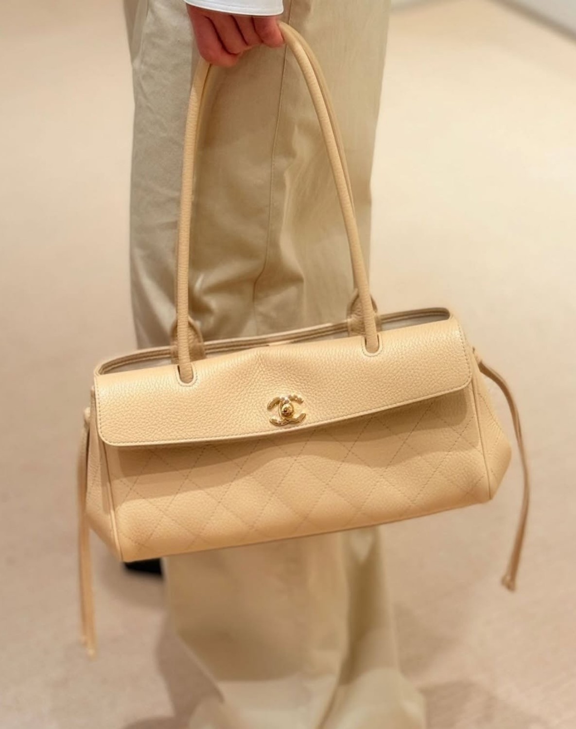 Chanel Small Shopping Shoulder Bag 12.6in/ 32cm Light Beige Gold Hardware For Women