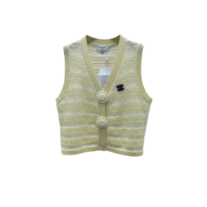 Chanel Striped Pointelle Sleeveless Top With Camellia Buttons Light Yellow For Women