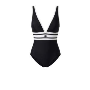 Chanel Striped V-Neck One-Piece Swimsuit Black For Women