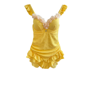 Chanel Vintage Floral Ruffled One-Piece Swimsuit Yellow For Women