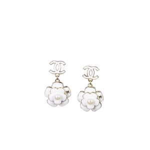 Chanel White Camellia Flower Earrings Gold Tone For Women