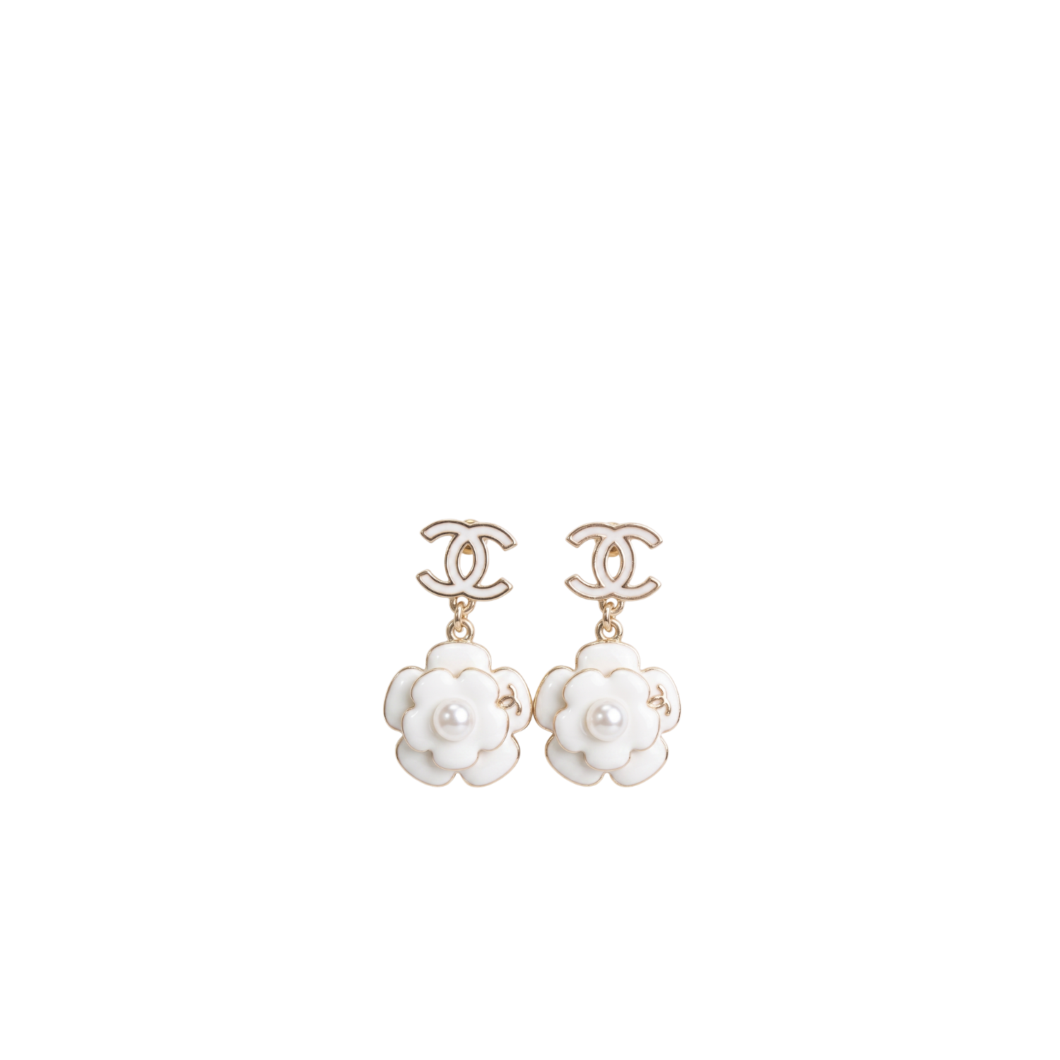 Chanel White Camellia Flower Earrings Gold Tone For Women