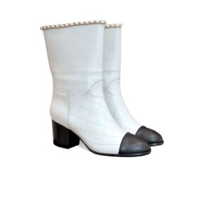 Chanel Double C Chunky Heel Boots With Chain Detail White For Women