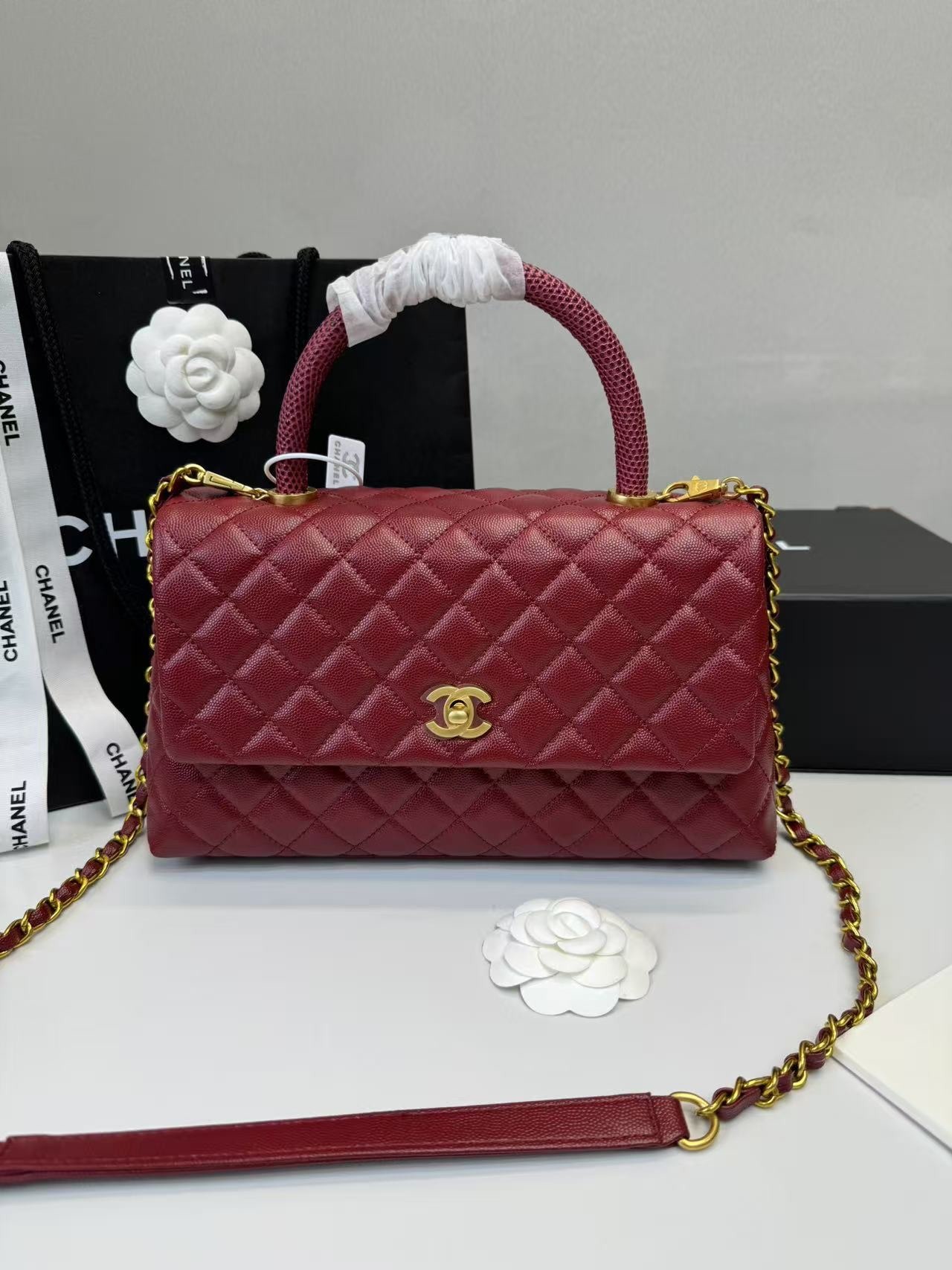 Chanel Handbag With Top Handle Dark Red For Women 11in/28cm