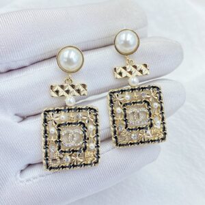Alternative view of Chanel Douple Black Border Square Frame Earrings Gold Tone For Women