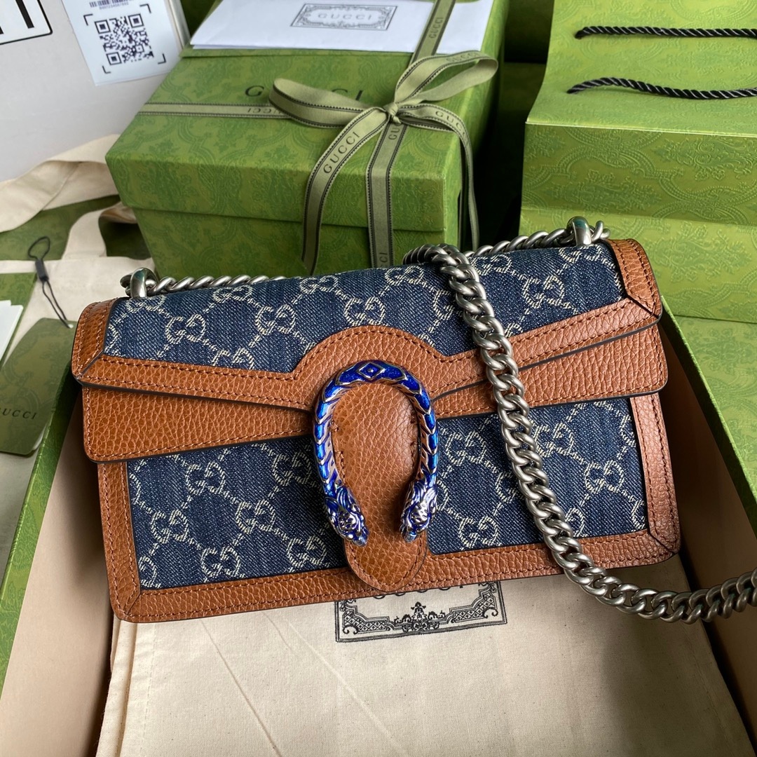 Gucci Dionysus Small Shoulder Bag 11in/ 28cm Dark Blue/ Ivory Eco Washed Organic GG Jacquard Denim Antique Silver Hardware For Women 400249 2KQFN 4483 - Image 3