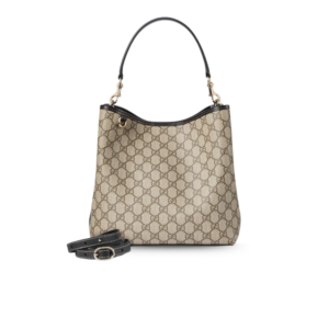 Gucci GG Emblem Medium Bucket Bag 9.8in/ 25cm Beige/ Black Gold Hardware For Women ‎815103 FAD6L 9741