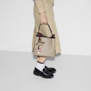 Alternative view of Gucci GG Emblem Medium Bucket Bag 9.8in/ 25cm Beige/ Black Gold Hardware For Women ‎815103 FAD6L 9741