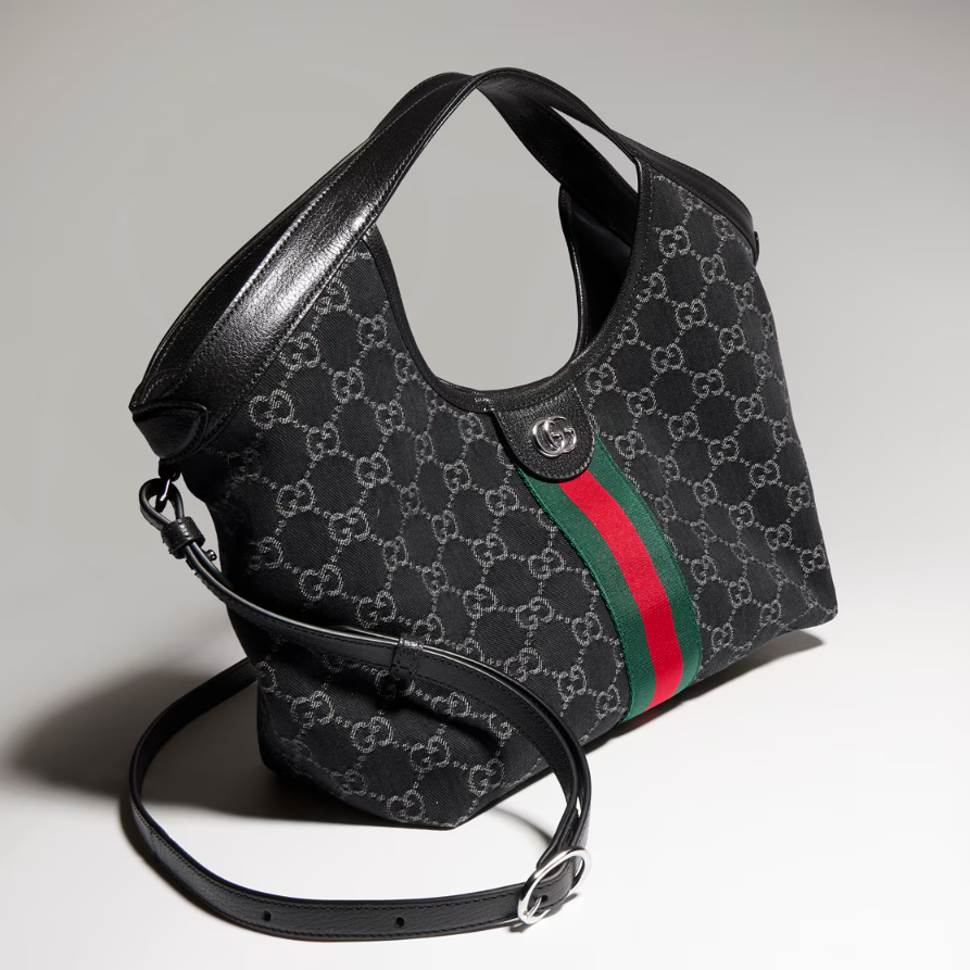 Gucci Giglio Small Tote Bag 9.8in/ 25cm Black Denim Palladium Hardware For Women 860845 FAF9N 1060
