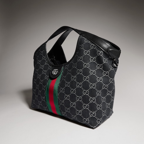 Gucci Giglio Small Tote Bag 9.8in/ 25cm Black Denim Palladium Hardware For Women 860845 FAF9N 1060
