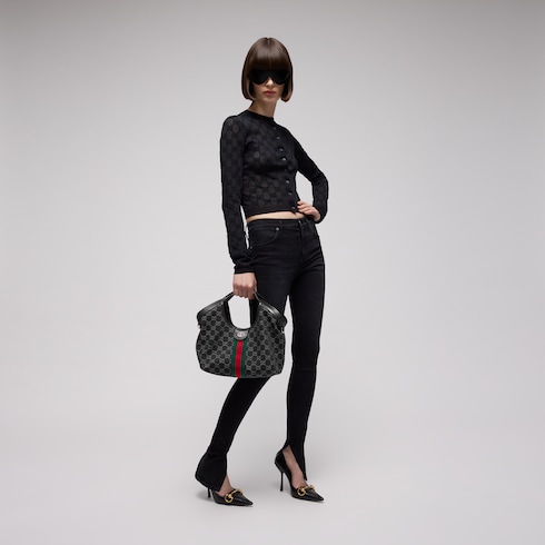 Gucci Giglio Small Tote Bag 9.8in/ 25cm Black Denim Palladium Hardware For Women 860845 FAF9N 1060