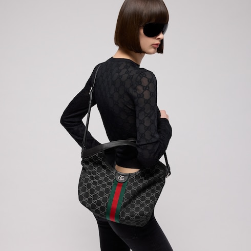 Gucci Giglio Small Tote Bag 9.8in/ 25cm Black Denim Palladium Hardware For Women 860845 FAF9N 1060