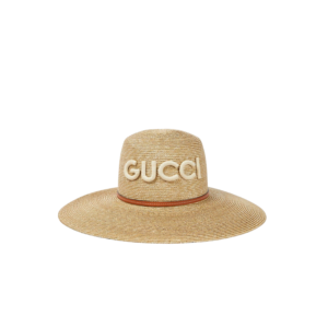 Gucci Logo Leather-Trimmed Sun Hat Beige Straw For Women