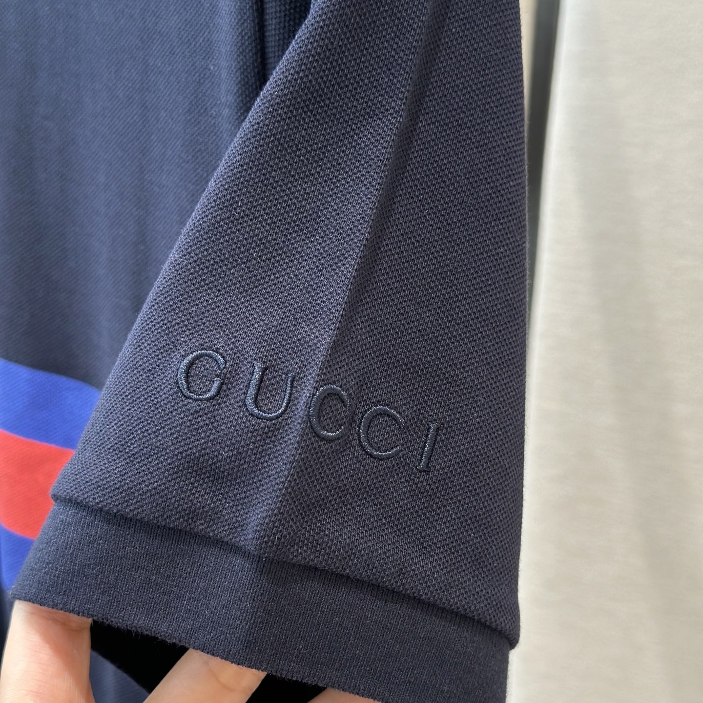 Gucci Web Stripe Pique Polo Shirt Navy Blue For Men