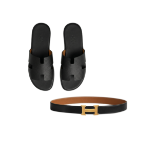 Hermes Set: Hermes Izmir Sandals Black 9.5US + Hermes H Guillochee Belt Noir/Gold 105cm
