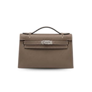 Hermes Kelly Pochette Top Handle Bag 8.7in/ 22cm Etoupe Epsom Palladium Hardware For Women