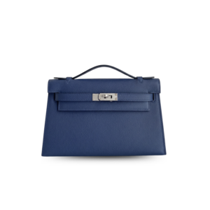 Hermes Kelly Pochette Top Handle Bag 8.7in/ 22cm Navy Epsom Palladium Hardware For Women