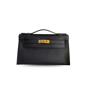 Hermes Kelly Pochette Top Handle Bag 8.7in/ 22cm Noir Epsom Gold Hardware For Women