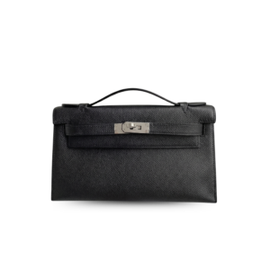 Hermes Kelly Pochette Top Handle Bag 8.7in/ 22cm Noir Epsom Palladium Hardware For Women