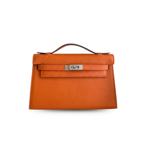 Hermes Kelly Pochette Top Handle Bag 8.7in/ 22cm Orange Epsom Palladium Hardware For Women