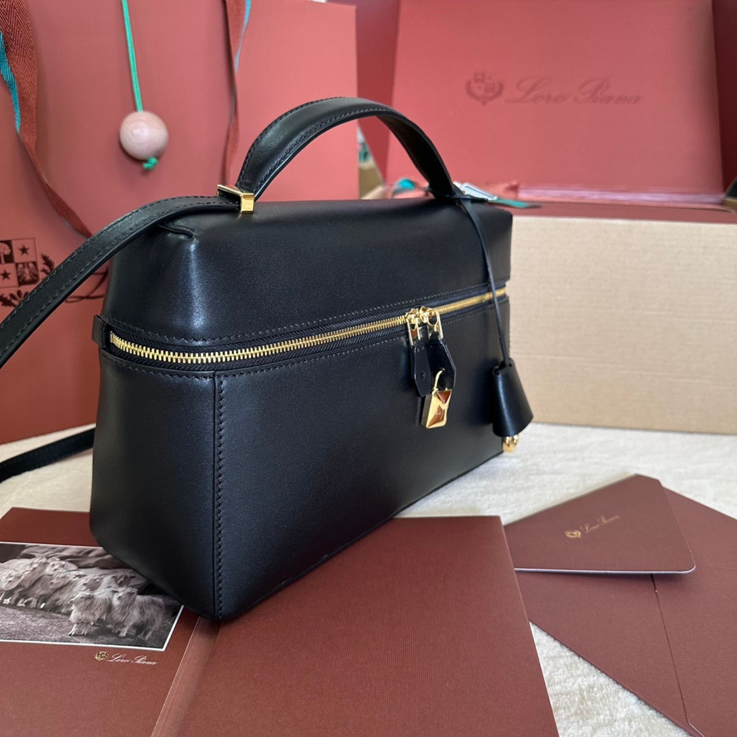 Loro Piana Extra L27 Top Handle Bag  0.6in/ 27cm Black Gold Hardware For Women FAN3462 8000