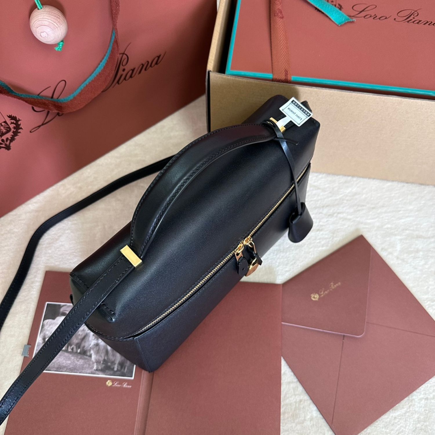 Loro Piana Extra L27 Top Handle Bag  0.6in/ 27cm Black Gold Hardware For Women FAN3462 8000