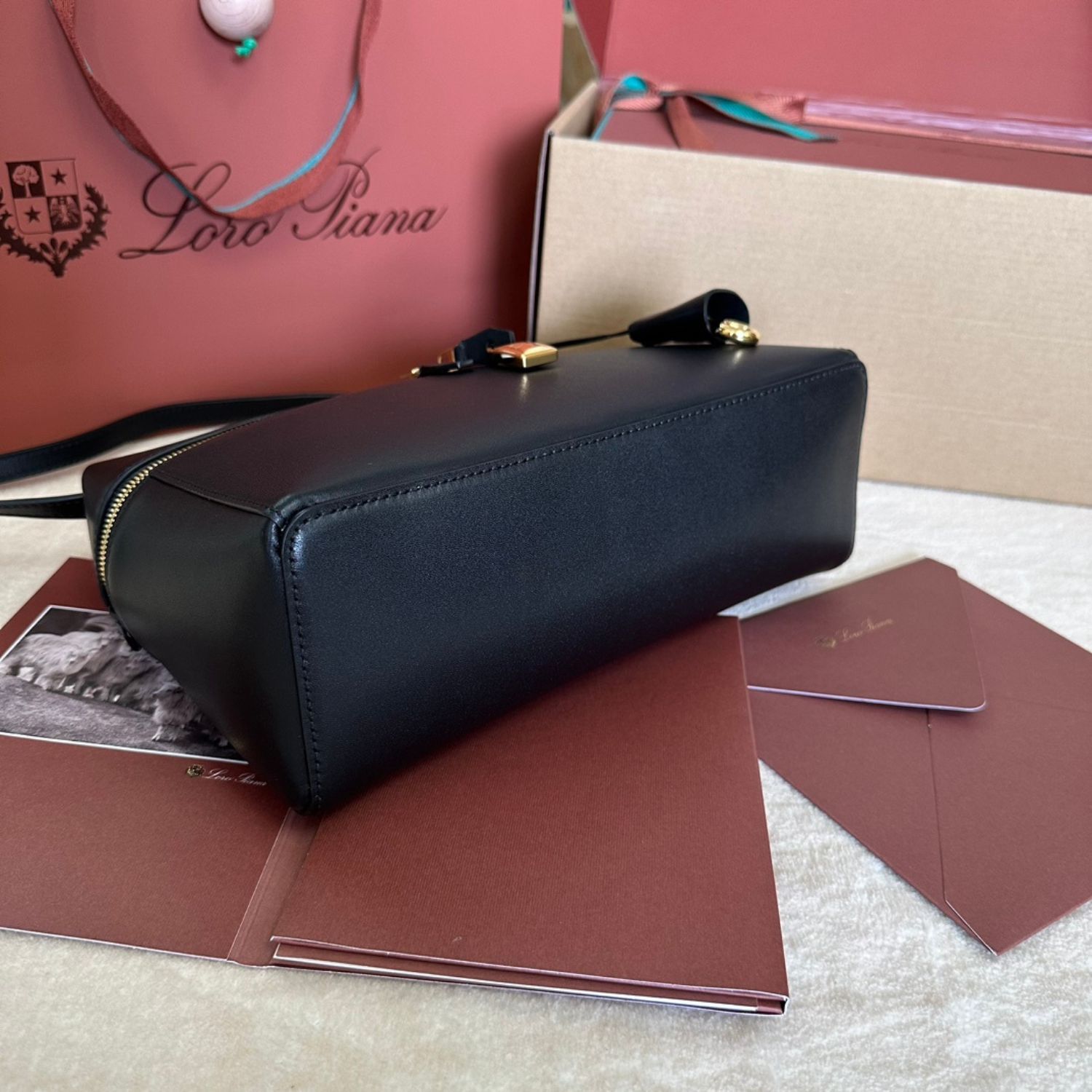 Loro Piana Extra L27 Top Handle Bag  0.6in/ 27cm Black Gold Hardware For Women FAN3462 8000