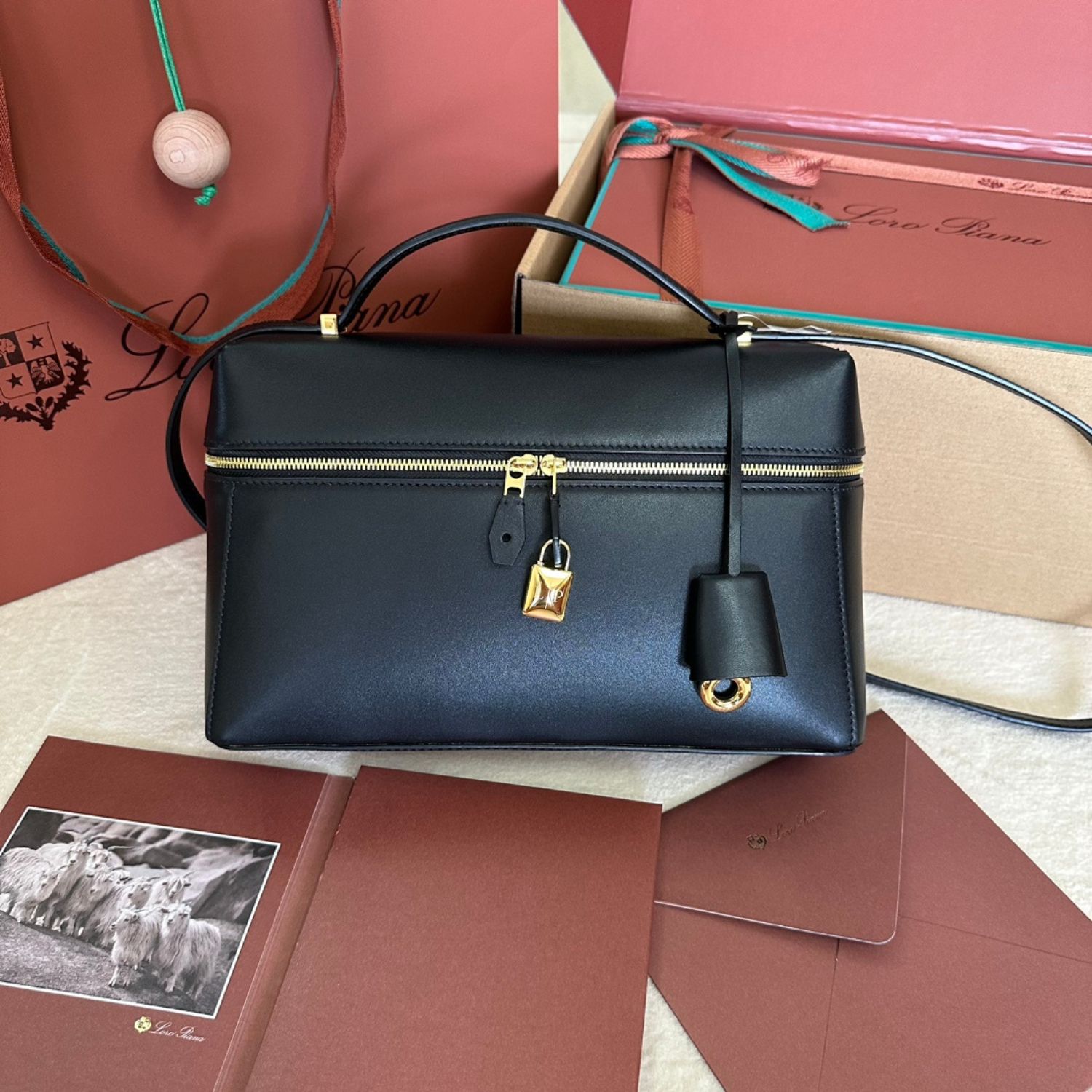 Loro Piana Extra L27 Top Handle Bag  0.6in/ 27cm Black Gold Hardware For Women FAN3462 8000