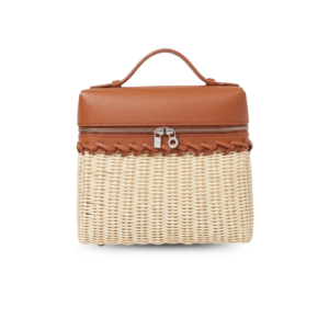 Loro Piana Extra Pocket L19 North-South Wicker Top Handle Bag 8.3in/ 21cm Malt/ Deep Kummel Silver Hardware For Women FAN5321 B3PK