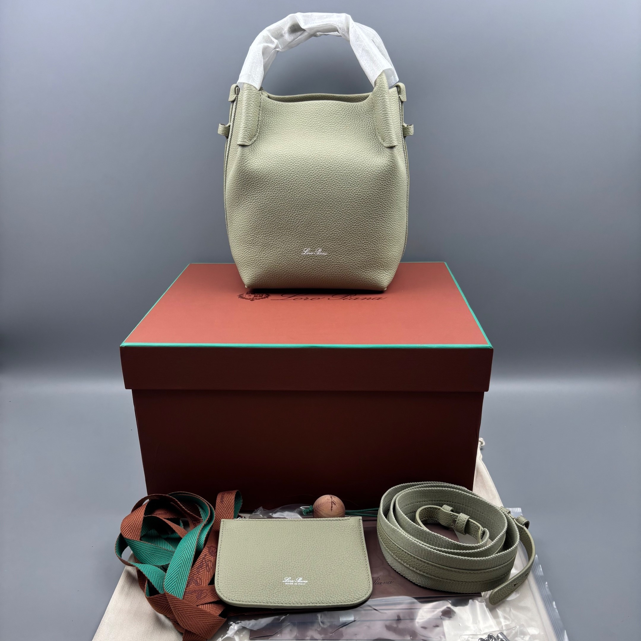Loro Piana Bale Small Top Handle Bag 6.7in/ 17cm Light Wasabi Silver Hardware For Women FAN8964 50YB