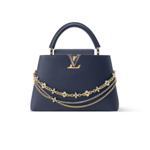 Louis Vuitton Capucines MM Top Handle Bag 12.4in/ 31.5cm Navy Blue Silver/ Gold Hardware For Women M27035