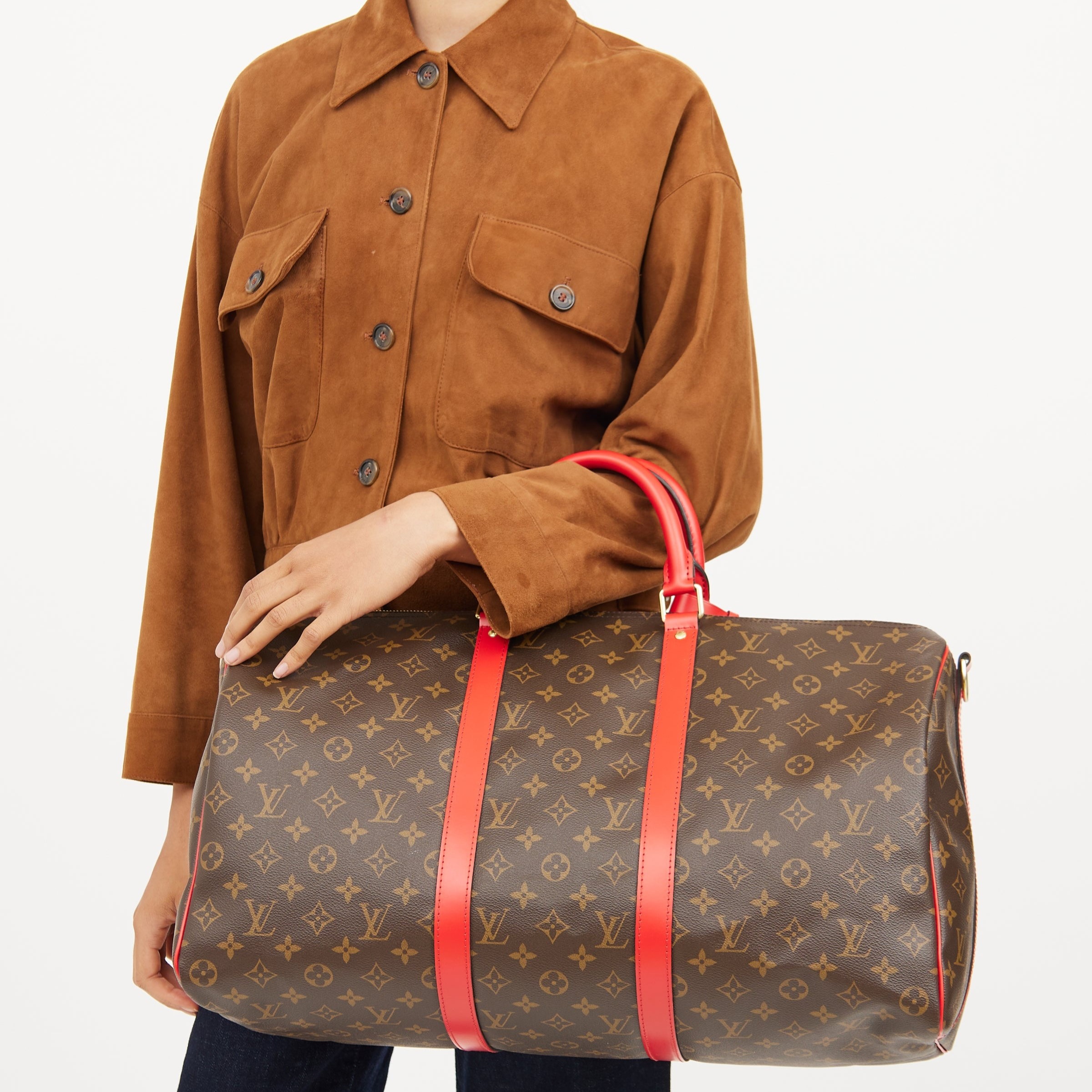 Louis Vuitton Keepall Bandouliere 50 Travel Bag 19.7in/ 50cm Brown/ Red Silver Hardware M46769