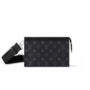 Louis Vuitton Pochette Gaston Wearable Wallet Shoulder Bag 8.7in/ 22cm Black Monogram Eclipse Canvas Silver Hardware For Men M81124