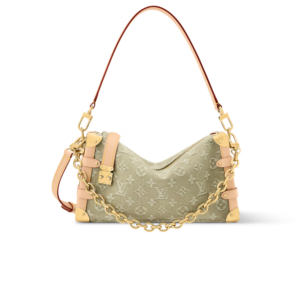 Louis Vuitton Side Trunk MM East West Shoulder Bag 11in/ 28cm Khaki Denim Gold Hardware M27451