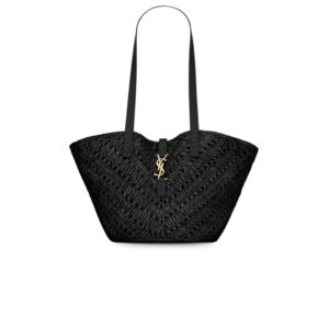 Saint Laurent Panier Small In Raffia And Vegetable-Tanned Black For Women 15 Inches/ 38 Cm 751240GAADP1000