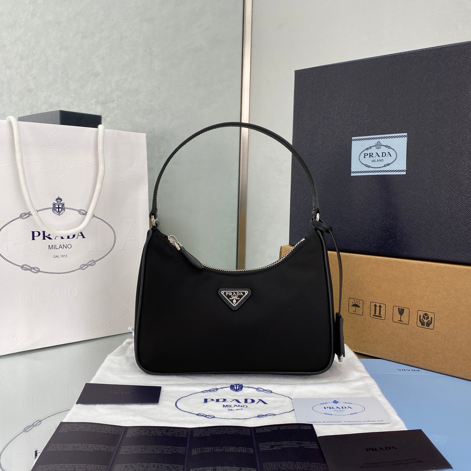 Prada Re-Edition 2005 Mini Bag 8.6in/ 22cm Black Re-Nylon Silver Hardware For Women
