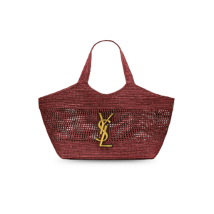 Saint Laurent Icare Medium Tote Bag 18.1in/ 46cm Rouge Cabernet Raffia Bronze Hardware For Women