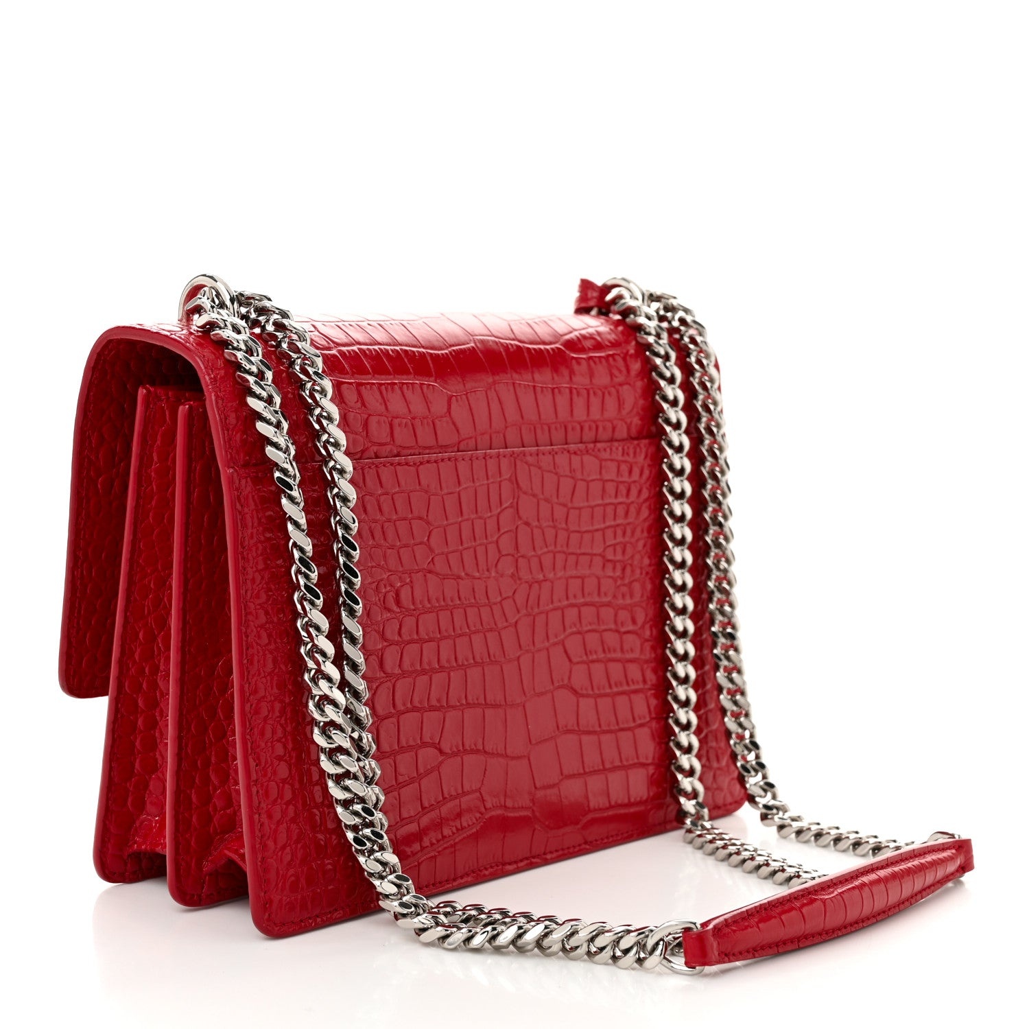 Saint Laurent Sunset Medium Chain Crossbody Bag 8.6in/ 22cm Rouge Silver Hardware For Women