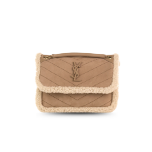 Saint Laurent Niki Shearling Medium Shoulder Bag 8.66in/ 22cm Brown Gold Hardware For Women